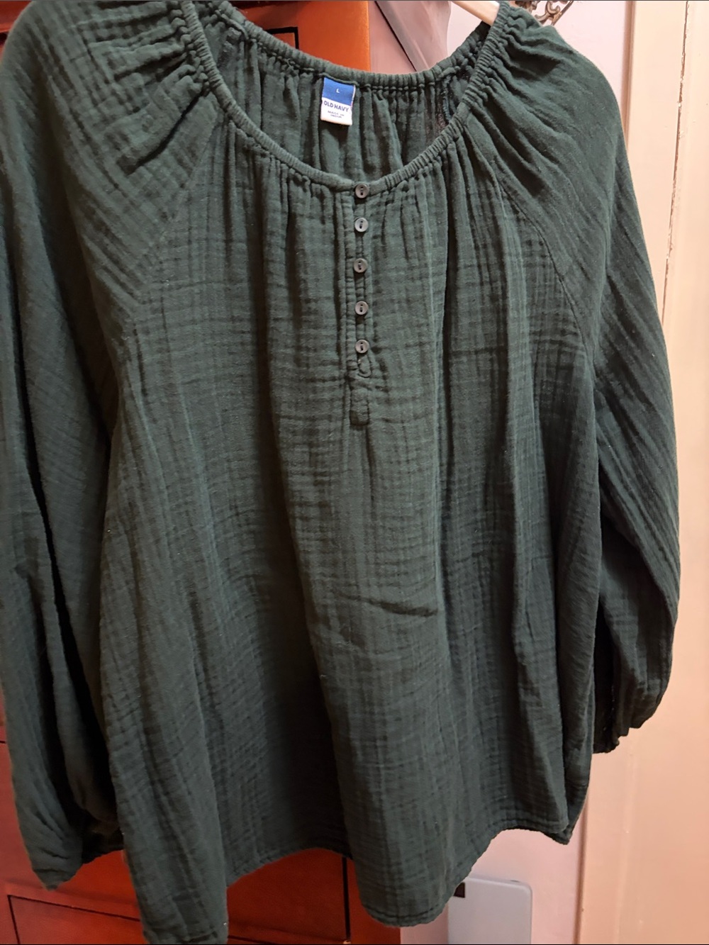 Old Navy Women's Forest Green Gauze Button-Front Peasant Blouse